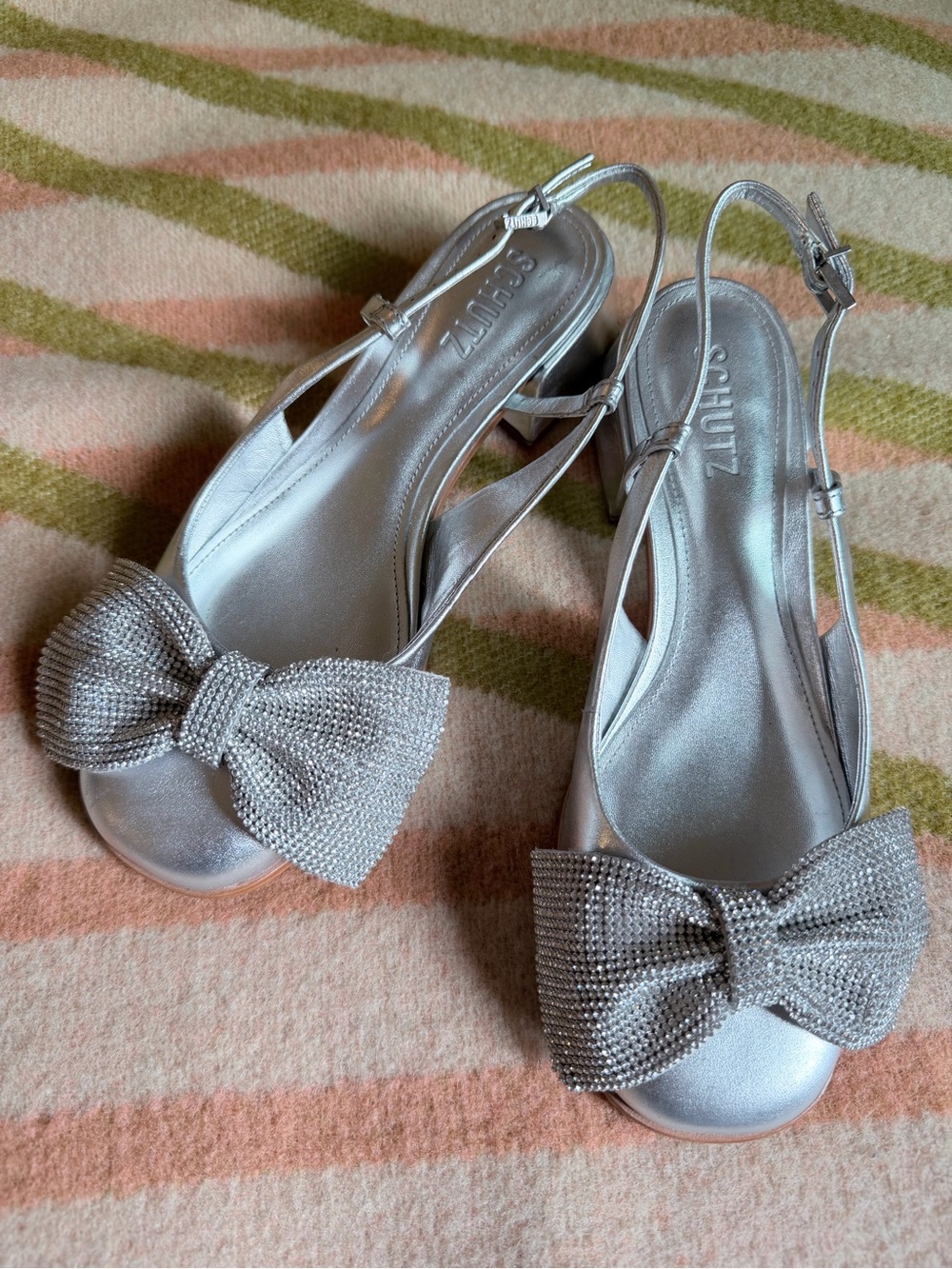 SCHUTZ Dorothy Silver Bow Slingback Heels